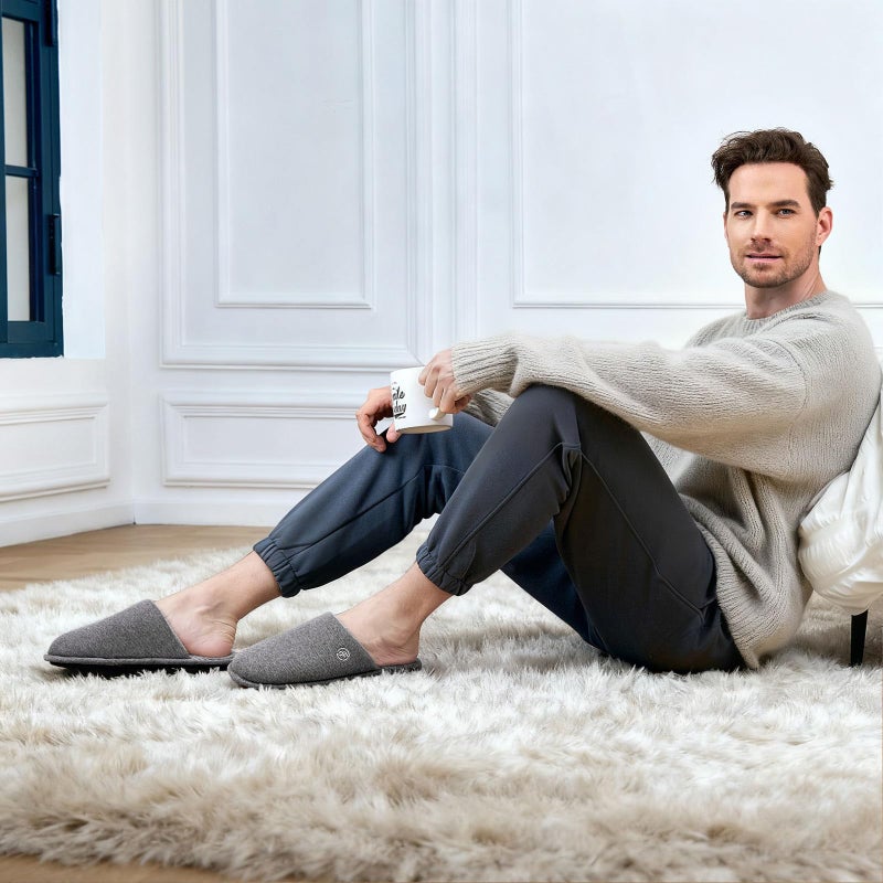 EverFoams Men's Cotton Knit Slippers Lightweight Memory Foam Indoor House Shoes with Anti-Skid Sole (11-12 M US, Grey) - Image 2